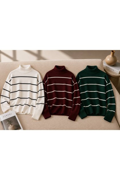 3-Piece Women's Winter Striped Knitwear Sweater Turtleneck Soft Textured