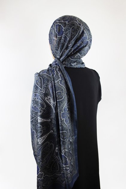 Ethnic Classic Patterned Thin Cotton Soft Shawl Navy Blue