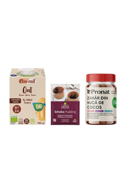 Pachet Desert Vegan Bio: Budincă Bio de Ciocolată Arche 50g + Băutură de Ovăz Fără Zahăr Ecomil 500ml + Zahăr de Cocos Pronat 150g