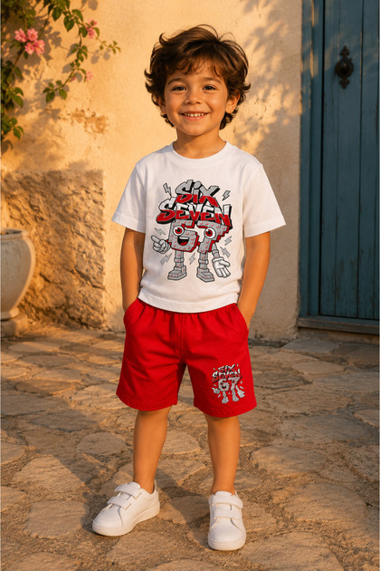 67 Printed Boys' Red Color Cotton Shorts Set