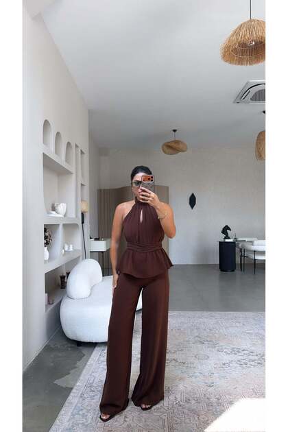 Kahverengi Krep Kumaş Premium Halter Yaka Tulum