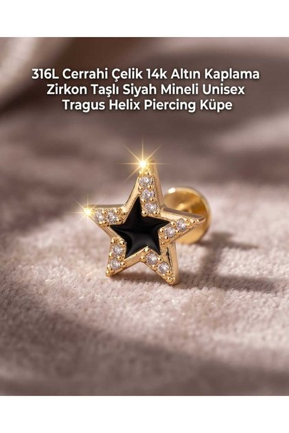 316L Cerrahi Çelik Altın Kaplama Kararmaz Alerji Yapmaz Zirkon Taş Figür Unisex Tragus Helix Küpe Piercing 608-1c
