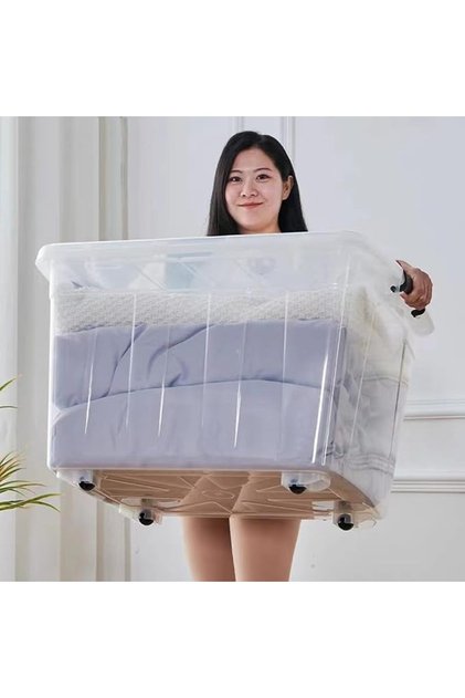 Clear Storage Box with Wheels, 60L Plastic Storage Bin, Large Clear Storage Box Organizer, Stackable