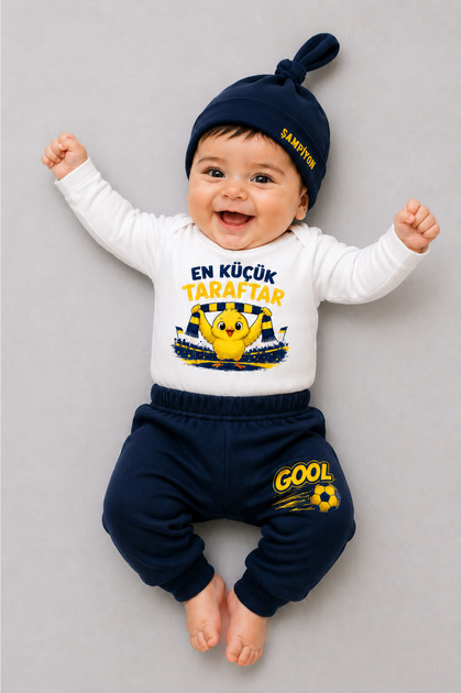 100% Cotton Baby Set Yellow Navy Blue Little Fan Printed 3-Piece Newborn Baby Set Long Sleeve Bodysuit Pants Hat Set