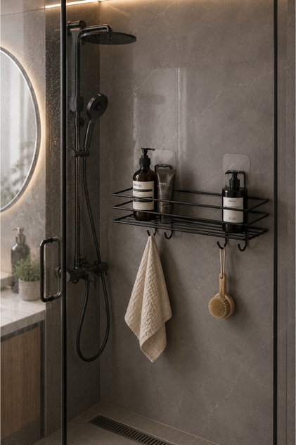 Yapışkanlı 4 Kancalı Banyo Rafı Siyah Banyo Şampuanlık Duşakabin Duş Askısı Delmeden Kullanım