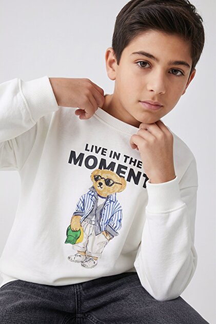Boy's Teddy Bear Printed Crew Neck Sweatshirt