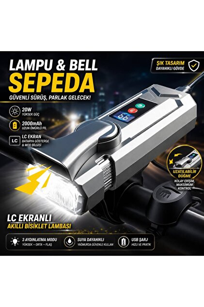 20W 2000mAh Bisiklet Ön Farı & Korna | LC Dijital Ekran | 3 Modlu Güçlü LED | Uzatılabilir Düğme | USB Şarj