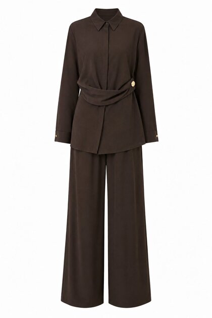 Brown Gold Buttoned Design Shirt and Trousers Set - 8856