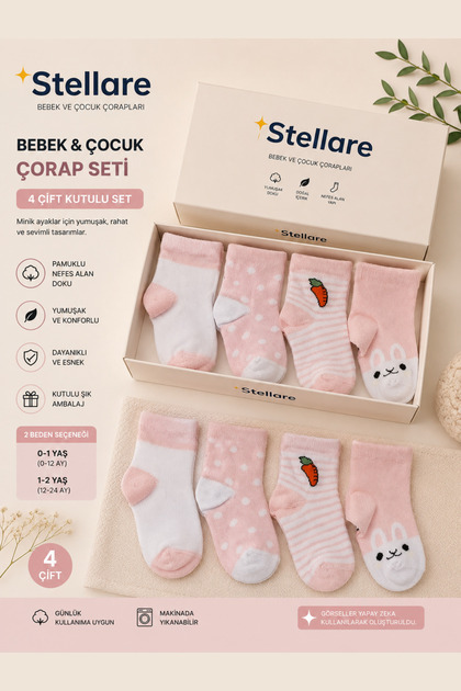4 Pairs Boxed Patterned Soft Cotton Baby Socks Set