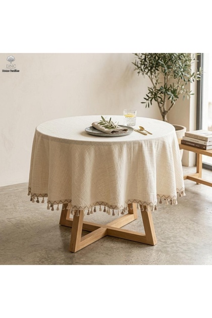Raw Muslin Round Pompom Tablecloth