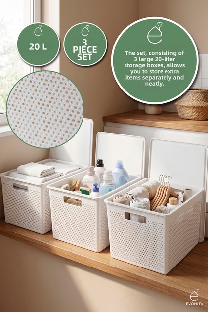 3-Piece Storage Box with Lid 20 Lt Multi-Purpose Organizer Bathroom Kitchen Cabinet Organizer