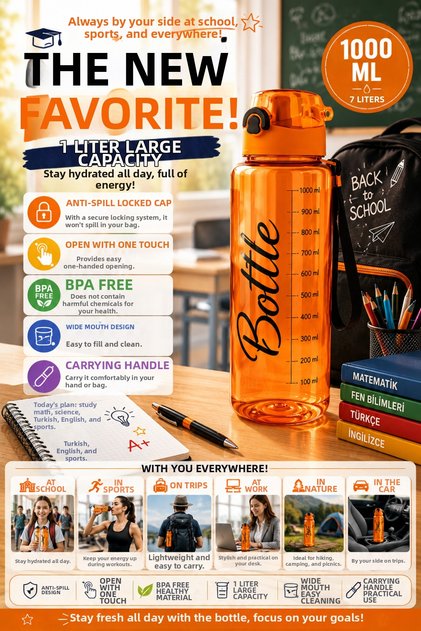 Orange 1 Liter Water Bottle Leak-Proof Locking Lid Bpa-Free School Sports Water Bottle 1000 ml with Strap