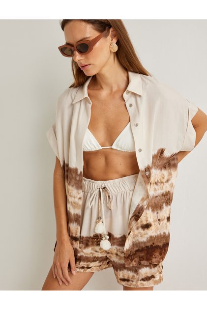 X Şahika Ercümen - Linen Blend Shirt with Batik Pattern and Short Sleeves