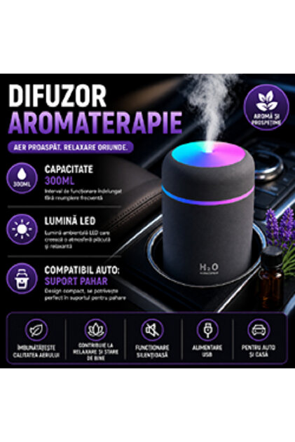 Umidificator de aer cu ultrasunete, pentru casa si masina 300ML, cu iluminat LED