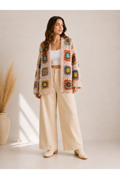 El Örgüsü Granny Square Hırka – Renkli Kare Motifli Bohem Kadın Triko Hırka