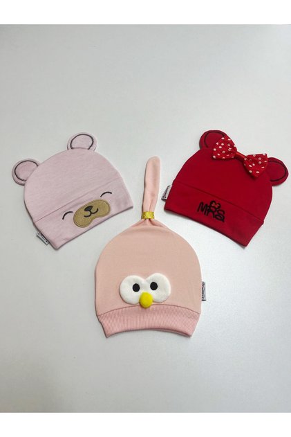 Pink-Grey 2-Piece Ribbon Baby Girl Combed Cotton Hat Beanie