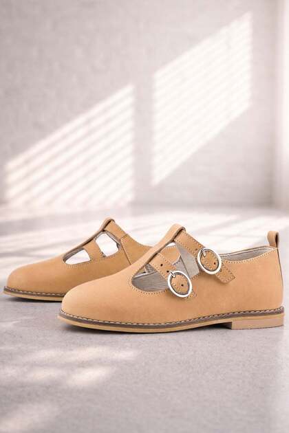 Genuine Leather Tan Buckle Girls' T-Bar Ballerina Shoes