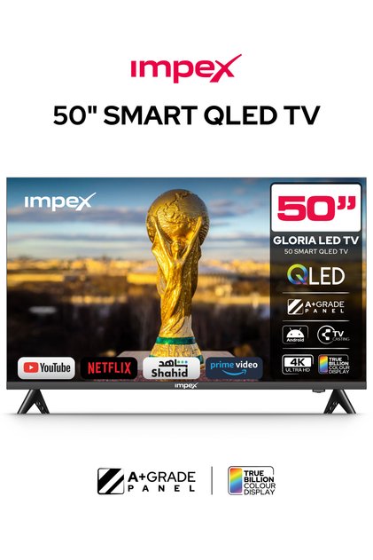 Gloria50Q - 50 Inch QLED Smart TV Android 14 FHD 1GB RAM 8GB Frameless Quad Core 2Yr