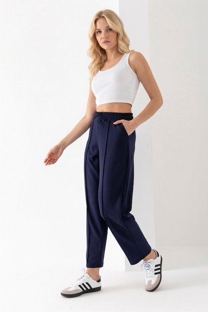 Women's Navy Blue Modal Fabric Balloon Model Front Ribbed Comfortable Fit Pants