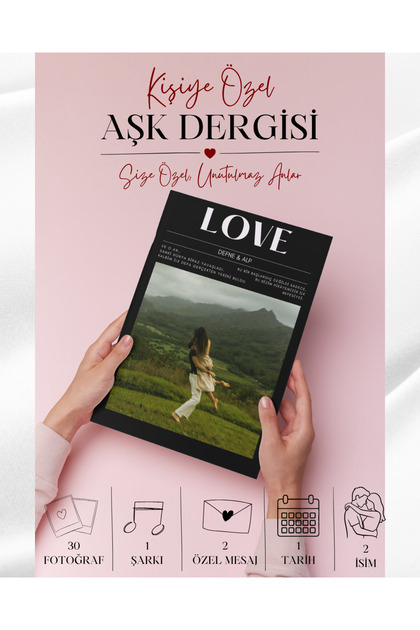 Kişiye Özel Aşk Dergisi A4 Boy – 16 Sayfa Romantik Çift Hikaye Albümü (30 Fotoğraflı Özel Tasarım)
