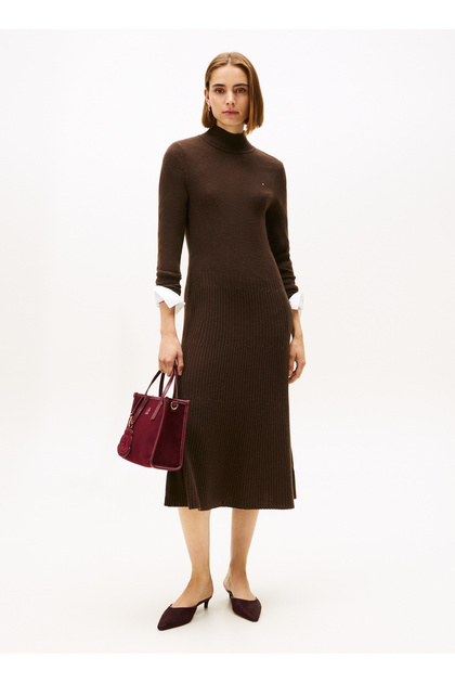 Kadın Soft Wool Regular Fit Yarım Balıkçı Yaka Midi Elbise - Kahverengi