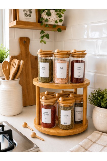 14-Piece Bamboo Vacuum Lid Glass Spice Jar Set with Bamboo Rotating Stand 300 ml 14 Spice Spoons