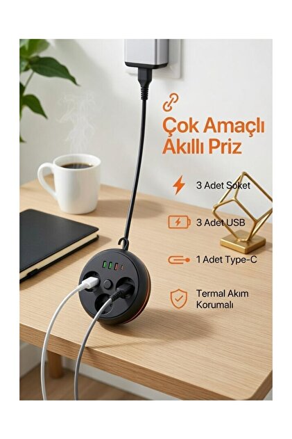 gunkes 3 Soketli 3 USB + Type-C Girişli Termal Akım Korumalı Çoklu