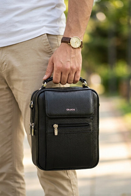 Grande 4588 100% Genuine Leather Men's Handbag Crossbody Bag Black