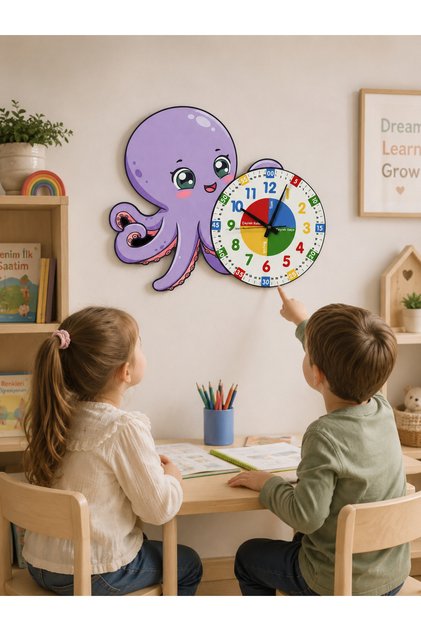 Ceas de perete colorat pentru copii, cu tematică caracatiță, educațional Montessori | Material din lemn + Imprimare UV