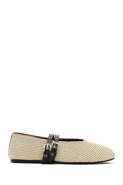 Women's Beige Double Buckle Straw Genuine Leather Ballerinas, Summer Shoes 25Sfd1820M7