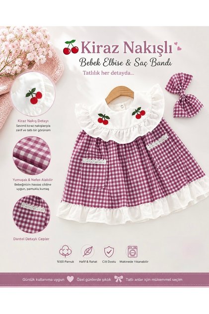 Baby Girl Fuchsia Gingham Dress with Cherry Detail and Headband