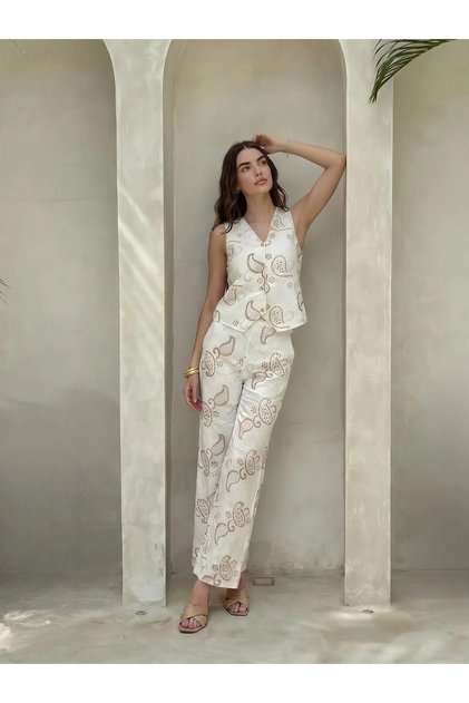 Off White Embroidered Cotton Waistcoat