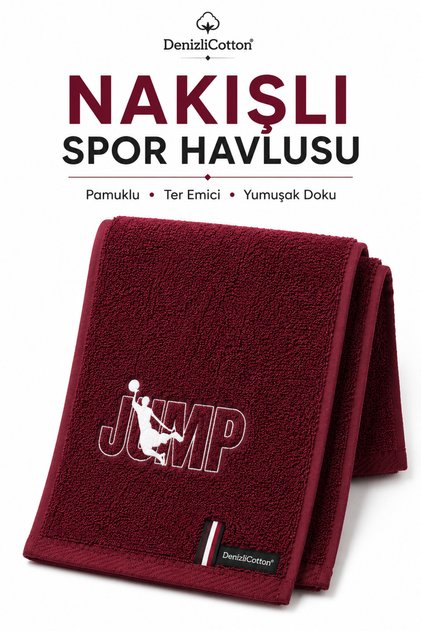 Bordo Nakışlı Spor Havlusu 30x90 cm Pamuklu Ter Emici Fitness Pilates Tenis Boks Havlusu