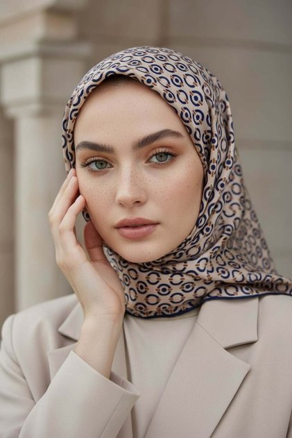 %100 Twill İpek Zincir Desenli Bej - Lacivert Renkli 90x90 Eşarp Kenar Dikiş Şekli El Dikişli