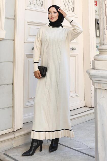 Cuff Stone Detailed Knitwear Dress White 6150