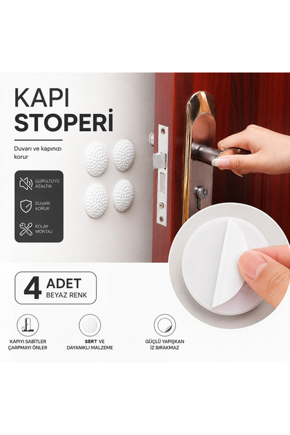 Kendinden Yapışkanlı Kapı Kolu Çarpma Önleyici ve Mobilya Arkası Stop 4 Adet Beyaz