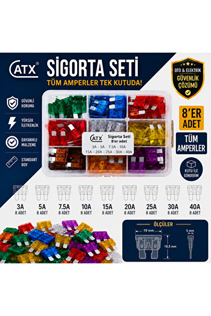 Oto Bıçak Sigorta Seti Bütün Amperler 8’er Adet Kutulu Standart Boy