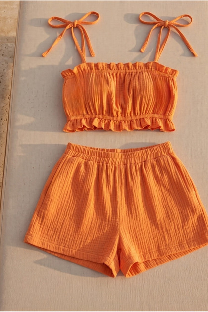 Organic Cotton Muslin Strappy Crop Shorts Set - Natural Natural-Oeko Tex Certified Fabric