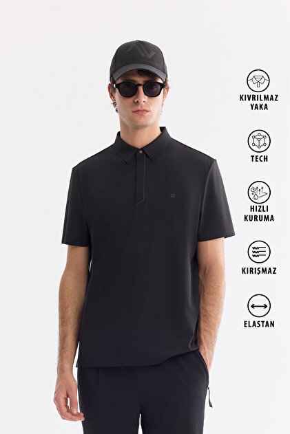 Avva Erkek Siyah Kıvrılmaz Polo Yaka Fermuarlı Bi-Stretch İnterlok