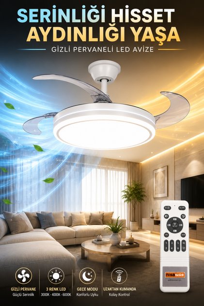 SUNNY BEYAZ || 3 Kanatlı Kumandalı GİZLİ KANATLI Tavan Vantilatör || 3 Renk Işık Aydınlatma Pervaneli Lamba Metal Fanlı Avize SESSİZ ÇALIŞMA Tavan Tipi Vantilatör Işıklı Tavan Fanı Led Avize Salon