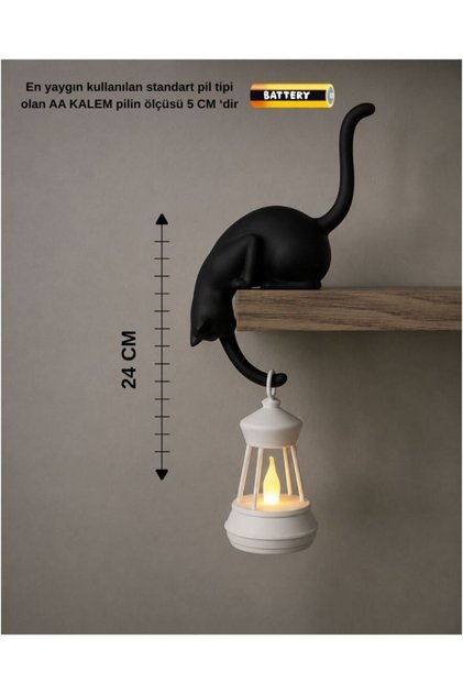 Askılı Kedi Raf Dekoru 24 CM – LED Fenerli Minimal Salon & Balkon Aksesuarı (PLASTİK) -TEALİGHT HEDİYELİ