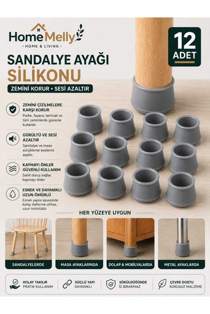 12’li Silikon Masa & Sandalye Ayak Koruyucu – Kaydırmaz, Gürültü Önleyici, Parke Dostu