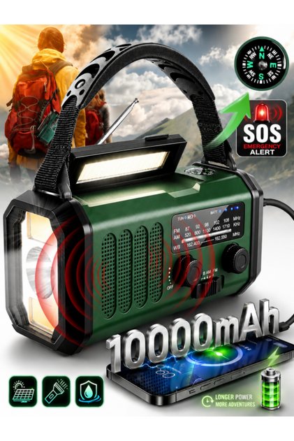 Radio portabil camping pentru calamitati naturale, cutremure, furtuni, cu dinam, Excitat®, Incarcare solara, powerbank 10000 mAh, Lanterna LED, alerta SOS, busola, IPX4, Portabil, Verde
