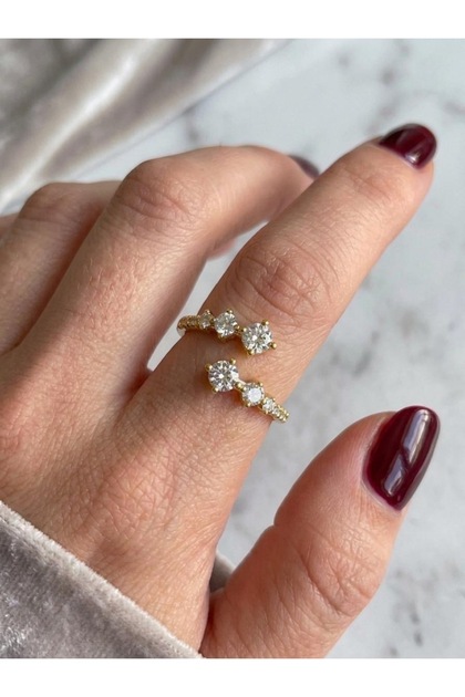 Adjustable Women's Ring with Twin Stones, Zircon Stone Row Model, Gold Ring, Stylish and Elegant Jewelry, Steel Look