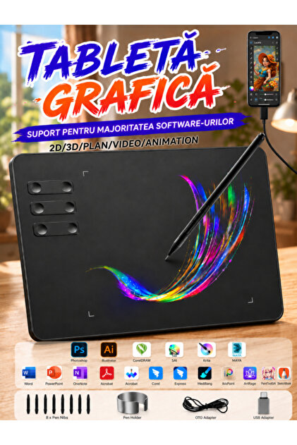 Tableta grafica, EXCITAT®, stilou pasiv fara baterii cu 8192 niveluri de presiune, inclinare la 35°, 6 taste rapide, tableta de arta digitala portabila pentru PC, Mac, Android, desen, design