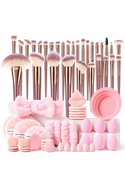 32Pcs Makeup Brush Set with Sponges, Puffs, Headband, Cleansing Pad, Pink