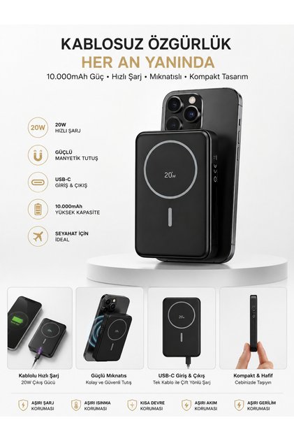 20W Hızlı Şarj Magsafe Powerbank | 10000mAh Taşınabilir Şarj Cihazı Type-C Giriş/Çıkış