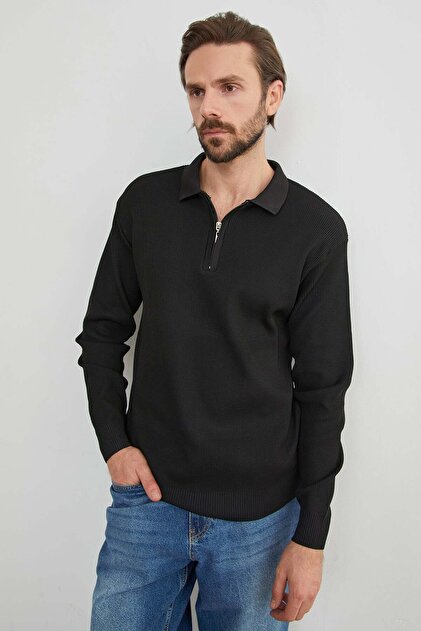 Ribbed Half-Zip Knit Sweater