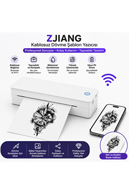 Zjiang Bluetooth Taşınabilir Profesyonel Dövme Şablonu Tattoo Yazıcısı Termal Yazıcı
