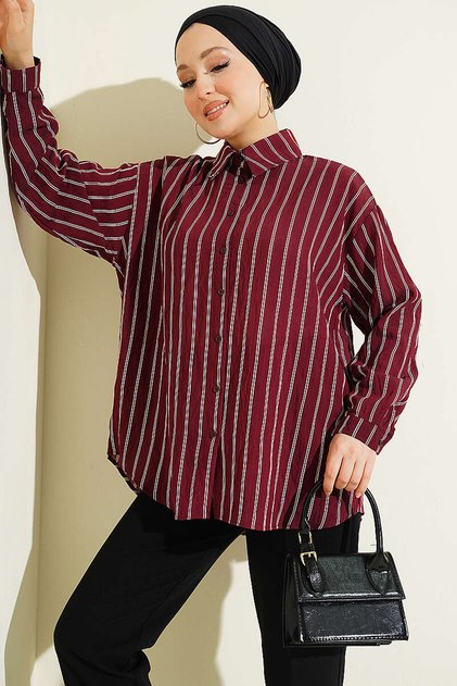 Kadın Çizgili Oversize Gömlek 1346 - Bordo